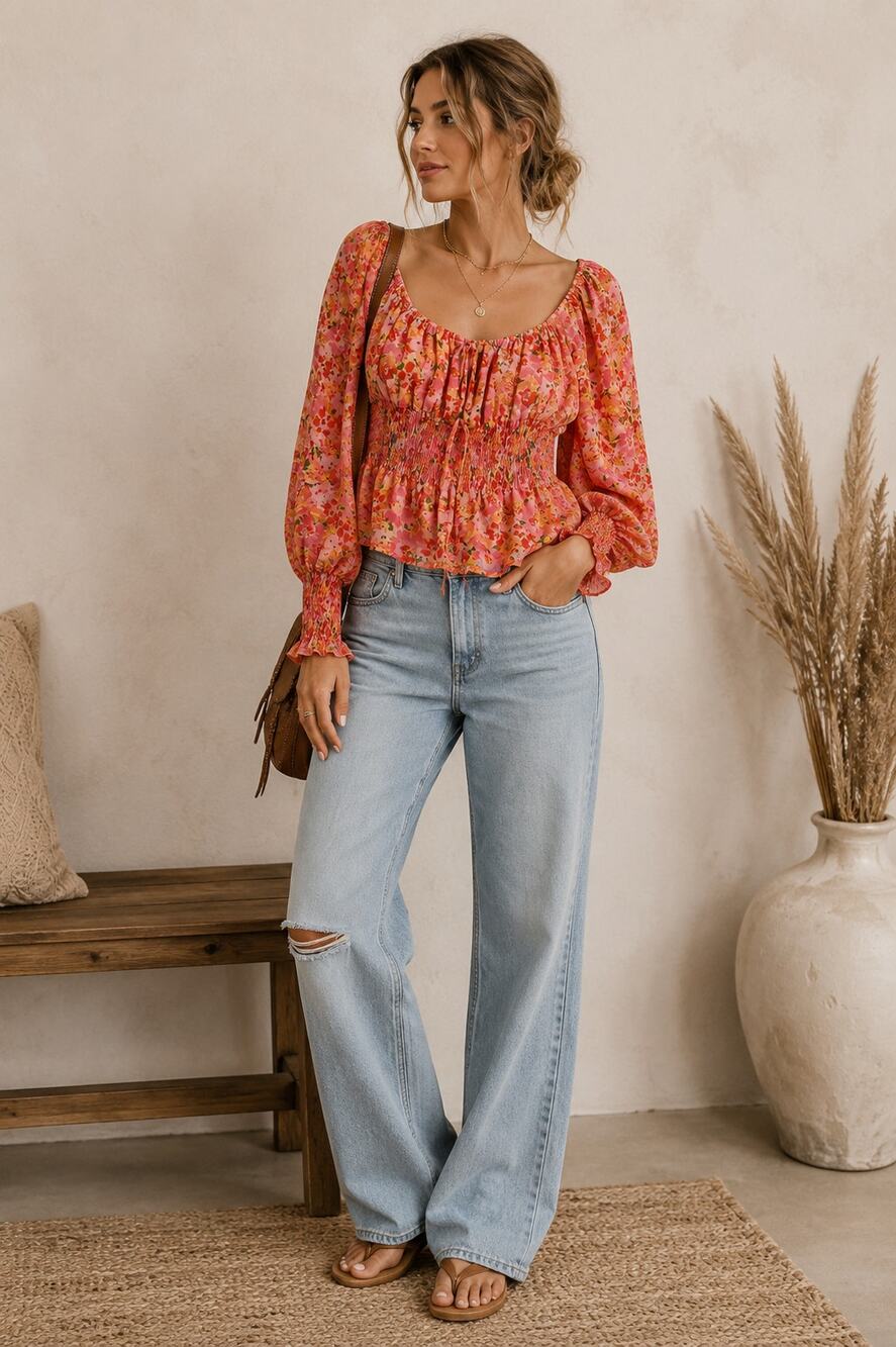 NSR Revolve Orange Floral Puff Sleeve Blouse Womens S Peasant Summer Coquette